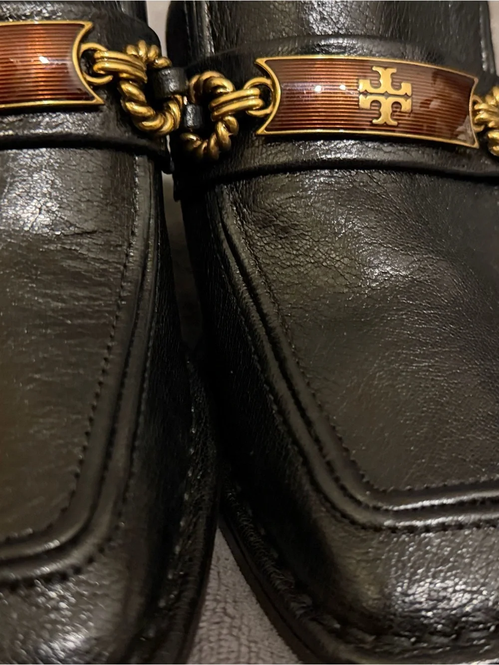Tory Burch Black Leather Loafers with Gold Chain and Brown Enamel Plaque